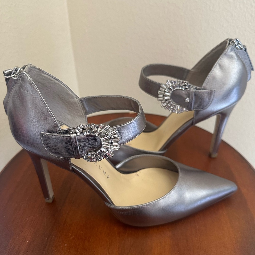 Ivanka Trump Silver Gray Stiletto Heels with Ankle Strap